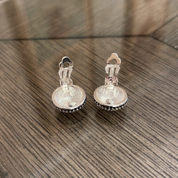 Vintage Round Button Clip Earrings with Rhinestone Pave Centers - Picture 5 of 11